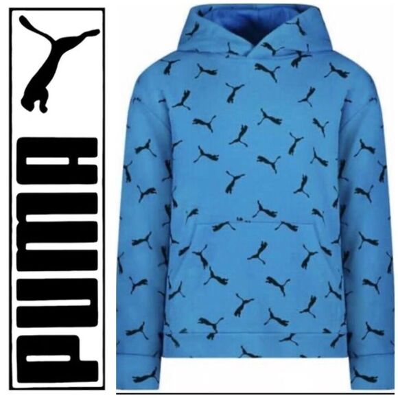 PUMA 🎉HPX4 🎉Youth S L (14-16) French Terry All-Over-Logo Hoodie/Blue/Unisex/NWT - Picture 1 of 15